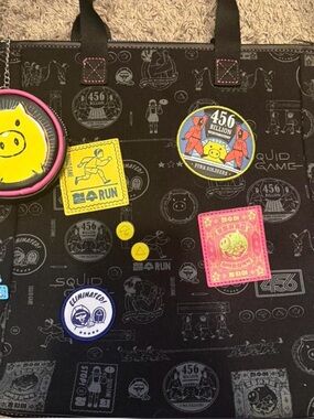 Loungefly Black Squid Game Patch Tote with Yellow and Pink Accents and Wallet